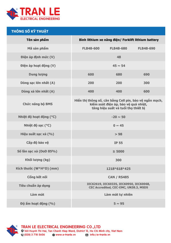 Thông số kỹ thuật Bình lithium xe nâng điện 48V 690Ah