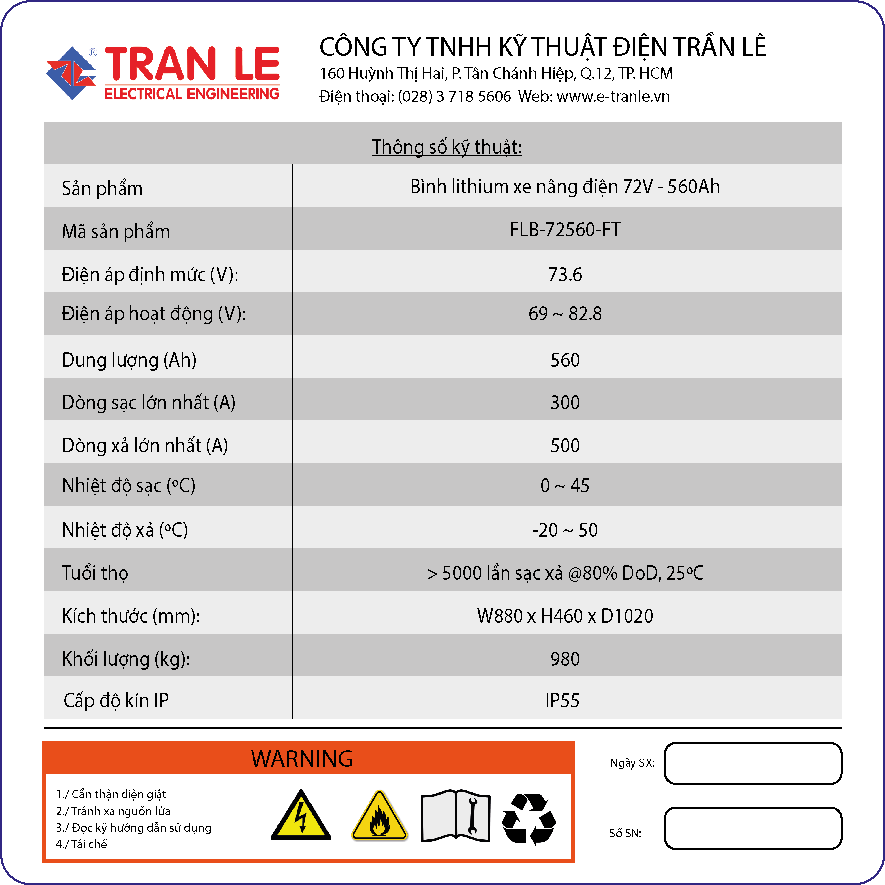 Thông số kỹ thuật của bình ắc quy Lithium 72V 560Ah xe nâng điện ngồi lái