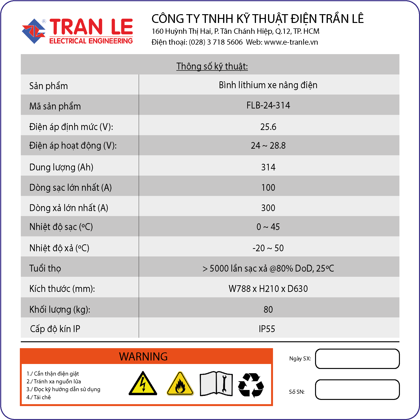 Thông số kỹ thuật của bình ắc quy Lithium 24V 314Ah xe nâng điện kéo pallet