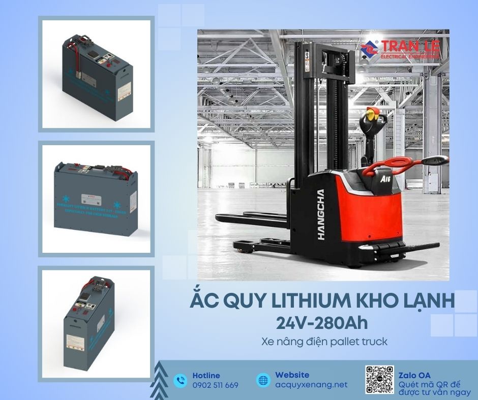 Bình điện lithium kho lạnh 24V 280Ah xe nâng pallet truck phù hợp với xe nâng điện nào? 18 Bình điện lithium kho lạnh 24V 280Ah lắp cho xe nâng pallet truck Hangcha