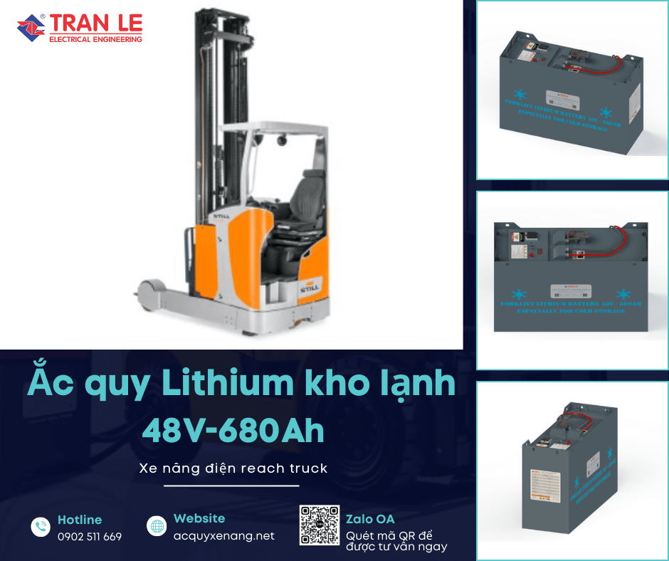 Một số dòng xe nâng điện reach truck phù hợp với bình điện lithium kho lạnh 48V 680Ah xe nâng tầm cao 18 Bình điện lithium kho lạnh 48V 680Ah lắp cho xe nâng reach truck Still