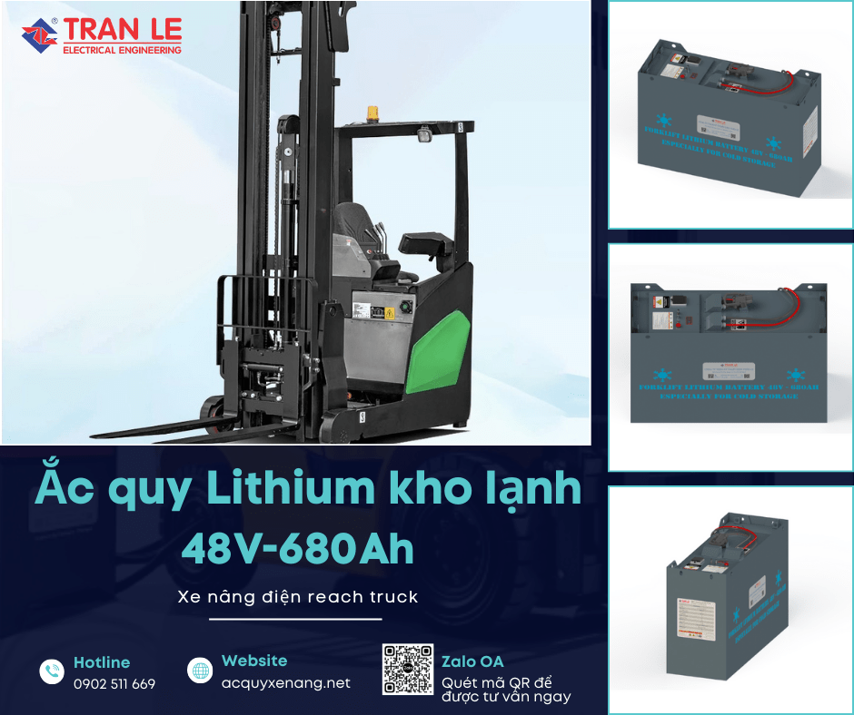 Một số dòng xe nâng điện reach truck phù hợp với bình điện lithium kho lạnh 48V 680Ah xe nâng tầm cao 15 Bình điện lithium kho lạnh 48V 680Ah lắp cho xe nâng reach truck Hangcha