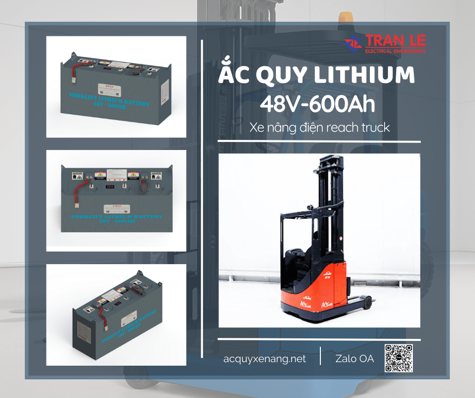 Bình điện lithium 48V 600Ah phù hợp với xe nâng reach truck nào? 15 Bình điện lithium 48V 600Ah lắp cho xe nâng reach truck Linde