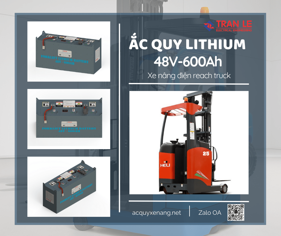 Bình điện lithium 48V 600Ah phù hợp với xe nâng reach truck nào? 18 Bình điện lithium 48V 600Ah lắp cho xe nâng reach truck Heli